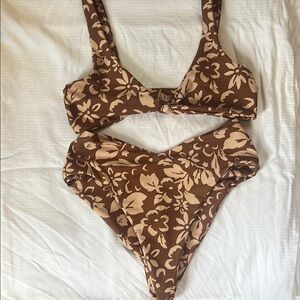 Skatie Brown & Cream Floral High-Waist Bikini
